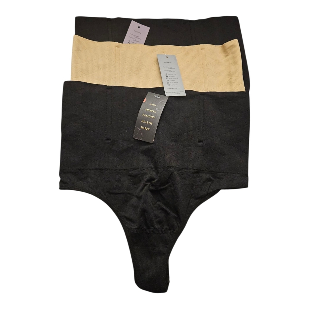 Hey Girl Shapewear Tummy Control Compression Thongs 3 Pack Size M Beige Black